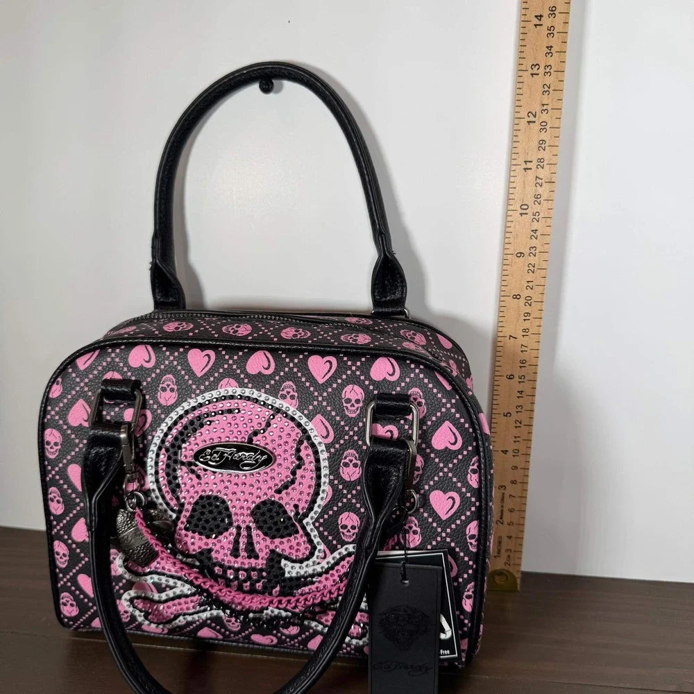 Ed Hardy Satchel Handbag Black Pink Skull Hearts Rhinestone Vegan Leather Purse